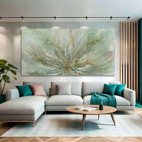 Abstract Wall Art Green and Gold Hand Painted Oil Painting Blossom Botanical Large Picture for Living Room Bedroom Kitchen Office 30x60 Inch