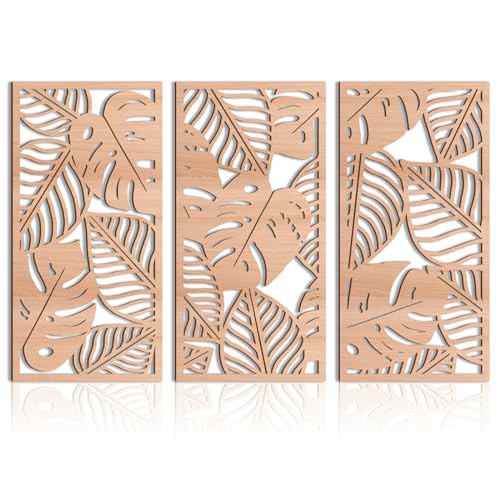 Large Wood Tropical Wall Art 15.9X32 Inch Carved Palm Leaves Wall Decor Coastal Leaf Monstera Plant Wall Sculptures for Living Room Bedroom Set of 3