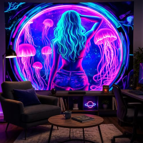 Sexy Woman Jellyfish Tapestry Blacklight Tapestry 59x78 Inch