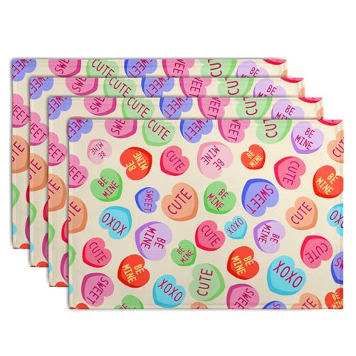 Valentine Pink Love Heart Candy Placemats Set of 4 Valentines Seasonal Table Mats Resistant Washable Dinner Mats for Outdoor Home Party Kitchen Dining 12x18 Inch (4 Count)