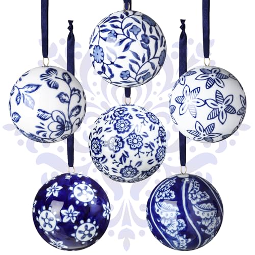 6 Pcs Blue and White Christmas Porcelain Balls (6 Count)