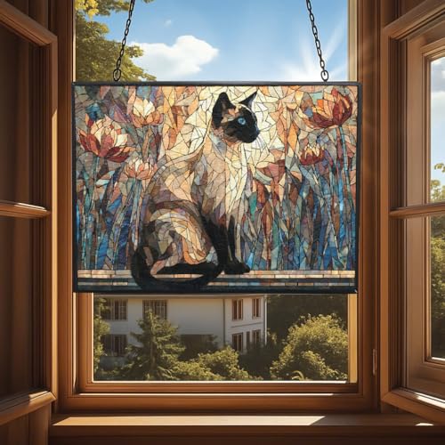 Customized Rectangle Mosaic Siamese Cat On Windowsill Stained Glass Window Hanging Sun Catcher Halloween Haning Ornament Decoration Christmas Birthday Gifts for Lover