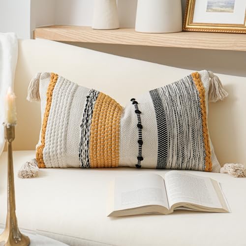 Decorative Lumbar Throw Pillow Cover 12x20 Boho Yellow Mustard Accent Cushion for Couch Sofa Farmhouse Pillowcase for Bedroom Living Room Home Décor Cover ONLY