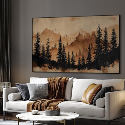 46"x72" Extra Large Framed Wall Art Rustic Mountain Pine Forest Silhouette in Warm Earth Tones for Home Living Room Bedroom Decor