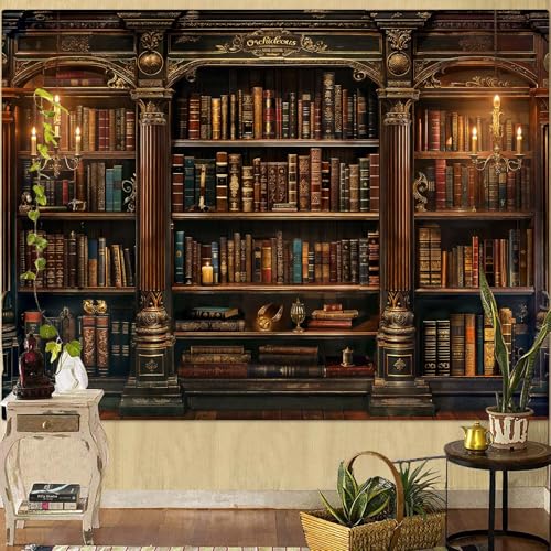 Vintage Bookshelf Tapestry Medieval Art Book Tapestries Wall Hanging Gothic Dark Academia Retro Library Backdrop Tapestry for Bedroom Living Room Dorm Study Classroom 90× 68 inch