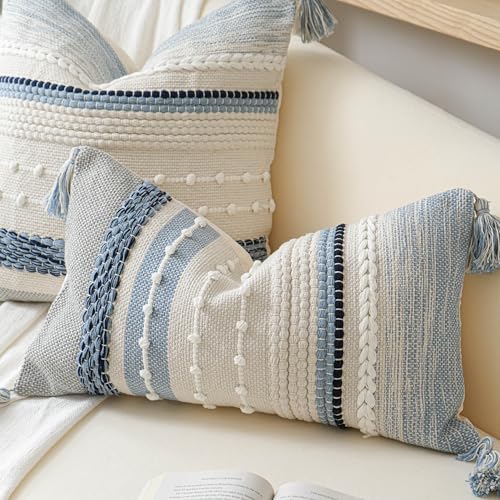 Decorative Lumbar Throw Pillow Cover 12x20 Coastal Blue Accent Cushion for Couch Sofa Farmhouse Pillowcase for Bedroom Living Room Home Décor Cover ONLY