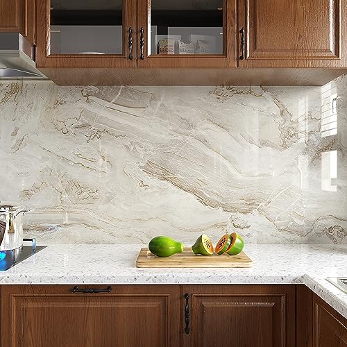 Wide 32''x354'' Beige Gold Marble Contact Paper for Countertops Peel and Stick Waterproof Countertop Vinyl Wallpaper for Kitchen Bathroom Glossy Marble Wallpaper Peel and Stick for Walls Table (79 Sq Ft)