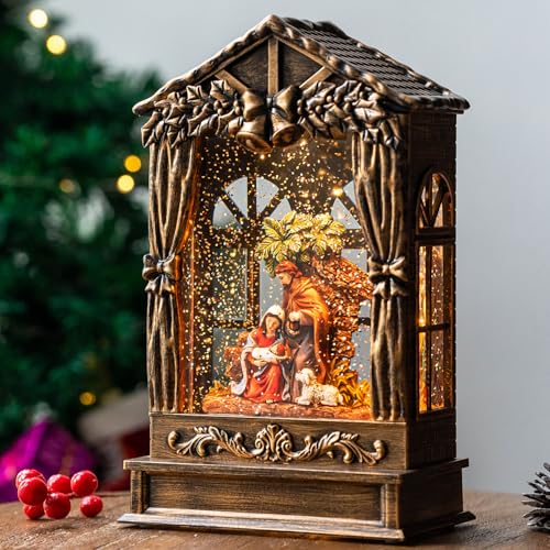 Christmas Snow Globe Swirling Glittering Holy Family Manger Scene