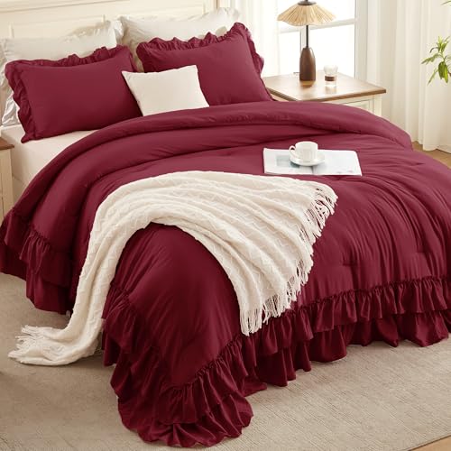 Burgundy Ruffle Full Size Comforter Set