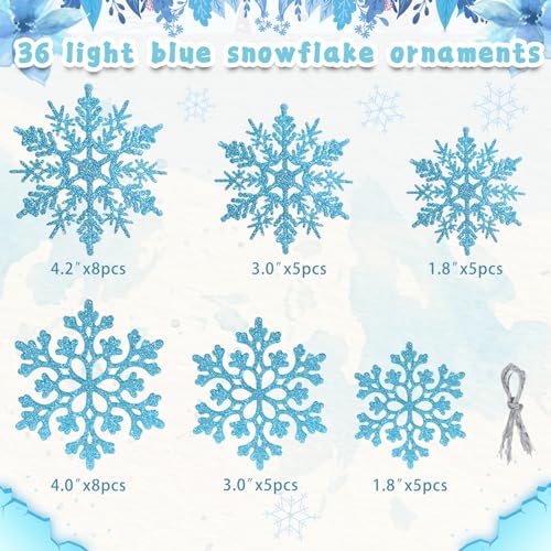 36pcs Christmas Light Blue Snowflake Ornaments Plastic Glitter Snow Flakes Ornaments for Winter Christmas Tree Decorations Size Varies Craft Snowflakes (36 Count)