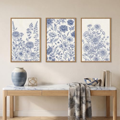 Blue White Chinoiserie Floral Framed Canvas Wall Art