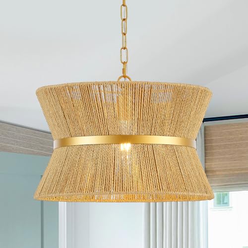 18” Hand Woven Rattan Boho Chandelier Brass Ajustable Pendant Light for Kitchen Island Living Room Bedroom Hallway