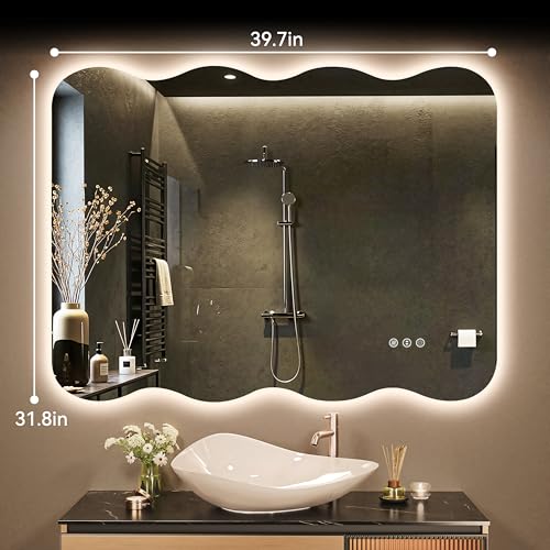40"x32" Wavy Mirror with Lights Frameless Backlit LED Wall Mirror