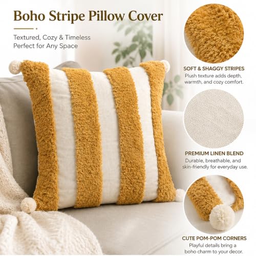 Boho Throw Pillow Covers 18x18 Tufted Decorations Mustard Yellow