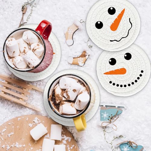 Christmas Cotton Coasters Handmade Braided Drink Coasters Winter Snowman Face Absorbent Cup Mats for Xmas Holiday Party Home Table Decor (4 Count)