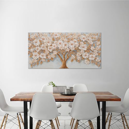Large Canvas Wall Art Decor Modern White Flower Botanical Nature Wall Art Decor Gold Tree of Life Canvas Art Wall Decor For Living Room Wall Decor Floral Tree Artwork For Bedroom Home Office 24"×48"