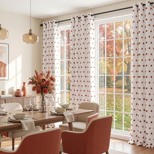 Blackout Bohemian Curtains for Bedroom Thermal Insulated Brick Red Pom Pom Curtain 72 Inch Long for Girls Room White Sheer Drapes for Dining Room Door Grommet
