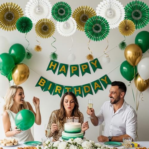 Honeycomb Round Paper Fans Green Gold Hanging Party Decoration (11 Count)