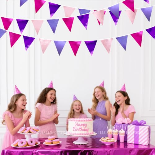 Pink and Purple Party Decorations Metallic Hot Pink Lavender Fabric Triangle Pennant Banner Flag Bunting Garland for Girls Women Birthday Wedding Baby Shower Bachelorette Engagement Party Supplies (36 Count)