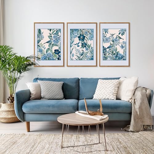 3 Pcs Blue Birds Flowers Framed Canvas Wall Art 16x24 Inch