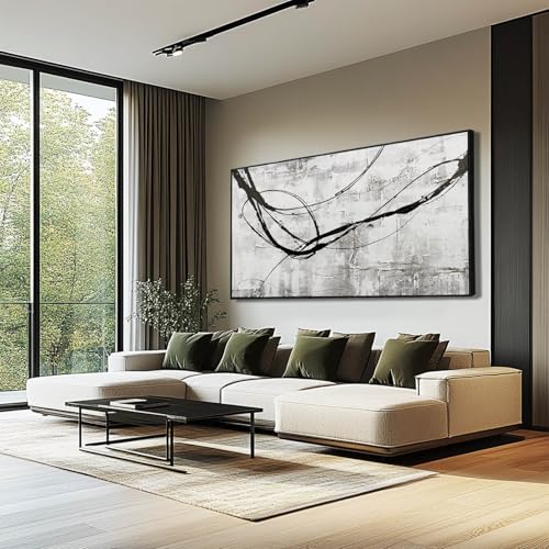 Black Line Canvas Pictures Gray Decorative Painting 29"x58" Wood Wall Art Modern Art Prints Abstract Wall Art for Living Room Wall Pictures for Bedroom