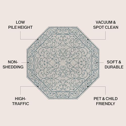 Vintage Filigree Indoor Outdoor Octagon Area Rug 8 Ft Gray