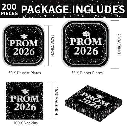 200 Pcs 2026 Prom Graduation Party Supplies Black and Silver Prom Plates and Napkins Prom Send Off Decorations 2026 Tableware Sets for Class of 2026 Prom Congrats Grad Party Decorations Serves 50 (200 Count)