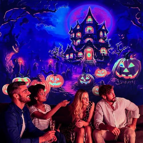 Blacklight Halloween Castle Tapestry 59"x51" Pumpkins Ghosts Background Bedroom Aesthetic Hippie Room Decor Glow in The Dark Wall Poster for Halloween Easter