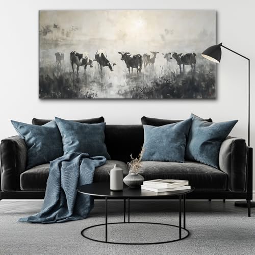 Black and White Cow Wall Art for Living Room Ink Wash Canvas Painting Prints Morning Cattle Vintage Country Farmhouse Artwork Bedroom Office Decor