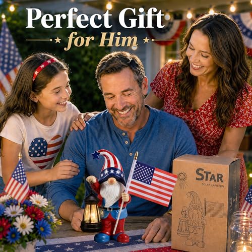 Solar Patriotic Gnomes Statues with Flag for Garden Decor