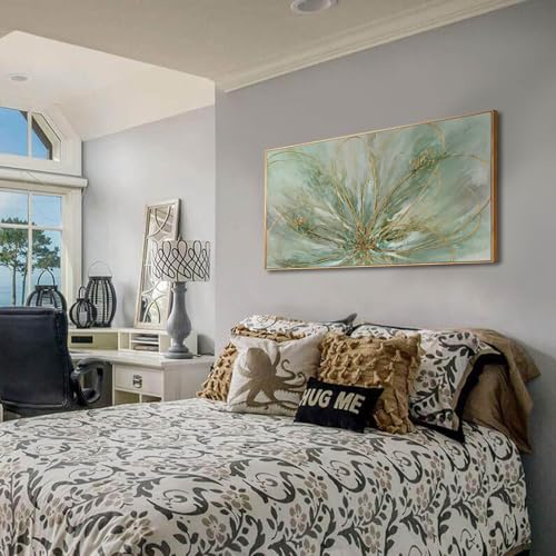 Green Abstract Canvas Artwork Flowers Wall Decor for Office Line Art Painting 24"x 48" Pictures for Bedroom Dining Room Neutral Wall Art