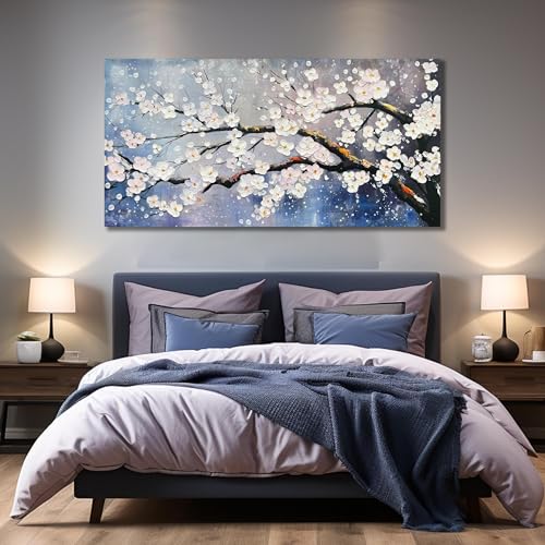 White Flowers Hand Painted Wall Art for Bedroom Blue Modern Wall Decor for Office Extra Large Wall Art for Living Room Size 36 x 72 Inch