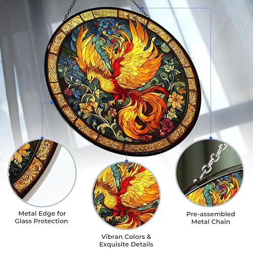 Sacred Phoenix Bird Suncatcher Stained Glass Window Hangings Sun Catchers Colorful Ornament Gifts for Women Mom Wife Halloween Christmas Housewarming 6.3”