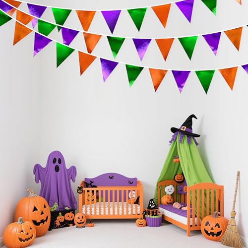 Halloween Party Decorations Metallic Fabric Green Orange Purple Triangle Pennant Banner Flag Bunting for Trick or Treat Spooky Hey Boo Happy Halloween Holiday Birthday Baby Shower Party Supplies (36 Count)