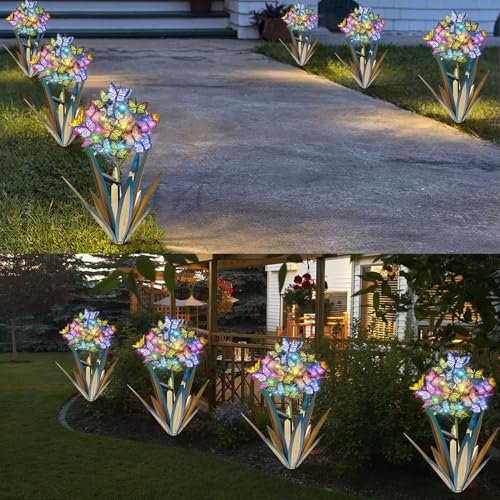 Solar Metal Agave Butterfly Flower Stick Garden Sculpture (3 Count)