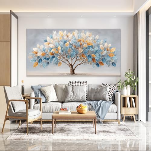 Oversized Canvas Wall Art Decor Botanical Nature Canvas Prints Blue Gold Gradient Leaf Tree Wall Art Decor For Living Room Modern Colorful Tree Canvas Art For Bedroom Home Office Decor 29"×58"