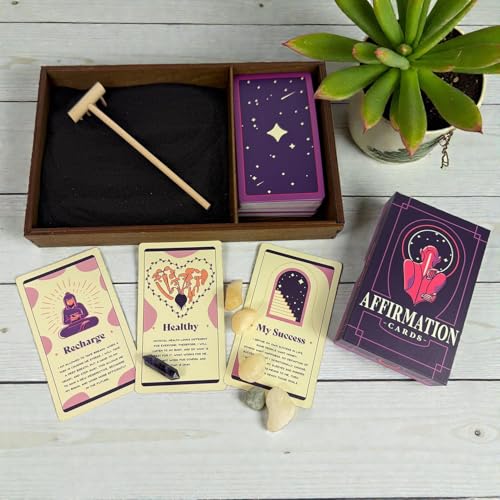 Wooden Zen Garden with Daily Affirmation Cards for Women and Men