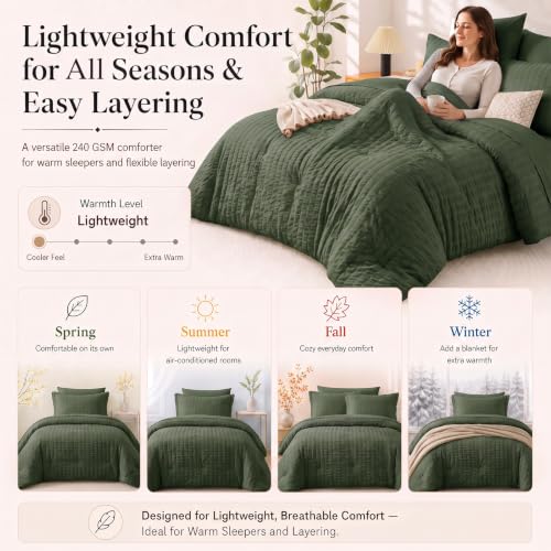 King Size Comforter Set 7 Pieces Dark Green Seersucker Bed in a Bag