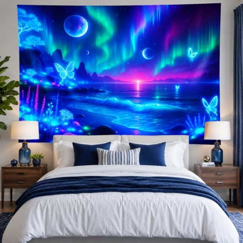 Blacklight Tapestry Galaxy Butterfly UV Wall Art 78 x 59 Inch