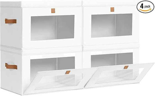 Large Clothing Storage Bins - Collapsible Boxes with Handles & Window, Decorative Organizer Bins with Lids, Fabric Containers for Living Room, Dorm, 4 Pack, White