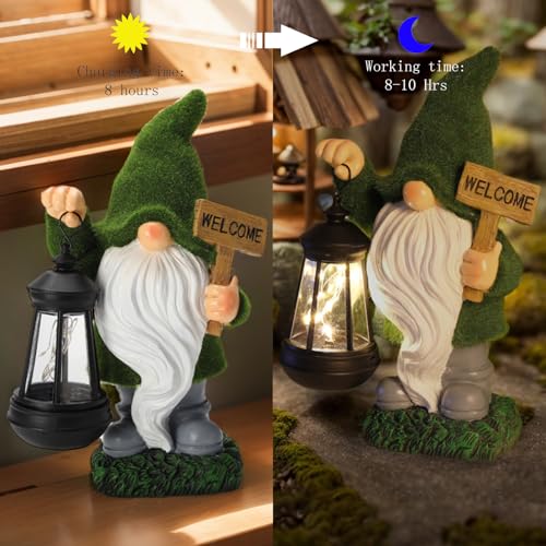 Garden Gnome Statue with Solar Lantern Welcome Sign Outdoor Decor for Porch Lawn Patio Yard Holiday Decorations Housewarming Christmas Decor Gifts for Women