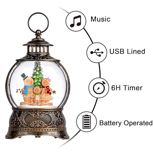 Christmas Snow Globe Lantern Water Glittering Gingerbread Family with Music& Timer