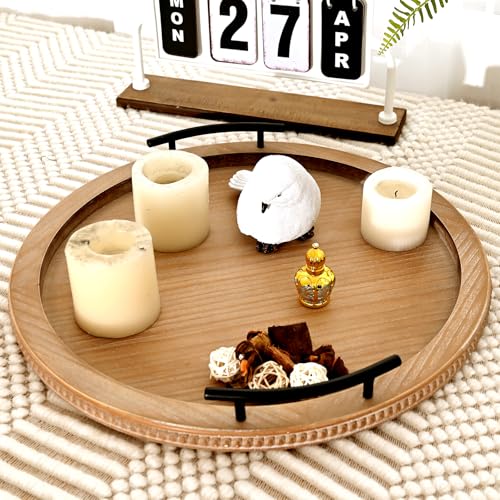 18Inch Brown Wooden Beaded Serving Tray with Handle Decorative Rustic Tray for Coffee Table Farmhouse Round Trays for Kitchen