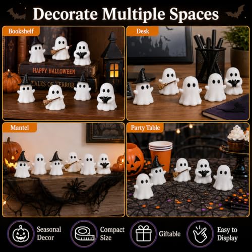 Halloween Shining in The Dark Night Ghost Figurines Cute White Ghost with Black Bat Hat and Broom Tabletop Ornaments Glowing Spooky Decorations for Indoor Home Party Mantel Shelf Desk Decor 12 Pcs