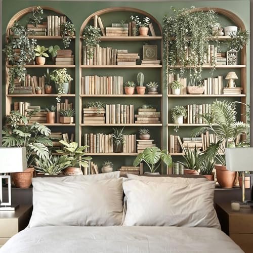 Sage Green Plant Bookshelf Tapestry Botanical Bookshelf Tapestries Wall Hanging Vintage Potted Plants Library Backdrop Large Tapestry for Bedroom Living Room Dorm 80 x 60 inch