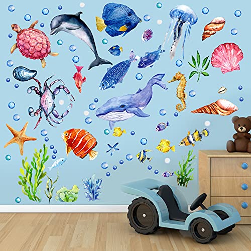 52 Pcs Ocean Fish Wall Decals Glow in The Dark Under The Sea Wall Decals Sea Life Animals Stickers Removable Waterproof Peel and Stick Decal for Girl Boy Kids Bedroom Nursery Bathroom (46 Count)