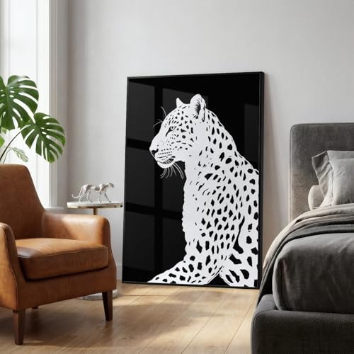 Large Framed Modern Black and White Leopard Wall Art