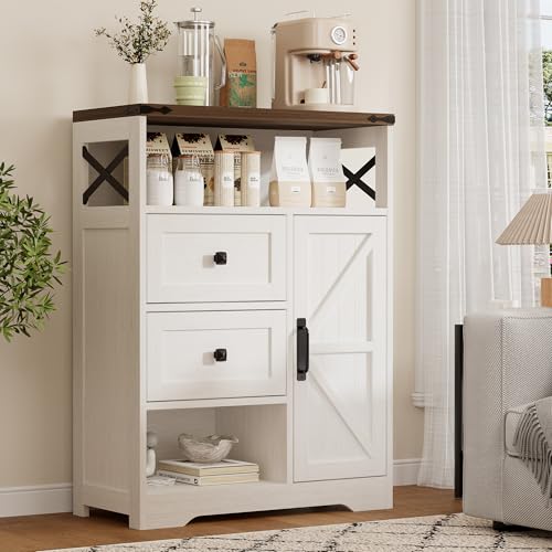 Farmhouse Buffet Sideboard Cabinet with 2 Drawers and Open Shelf
