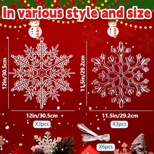 6pcs Large Clear Snowflakes Ornaments 12" Big Plastic Glitter Snowflake for Winter Indoor Outdoor Christmas Tree Window Room Decorations Giant Craft Snowflakes (6 Count)