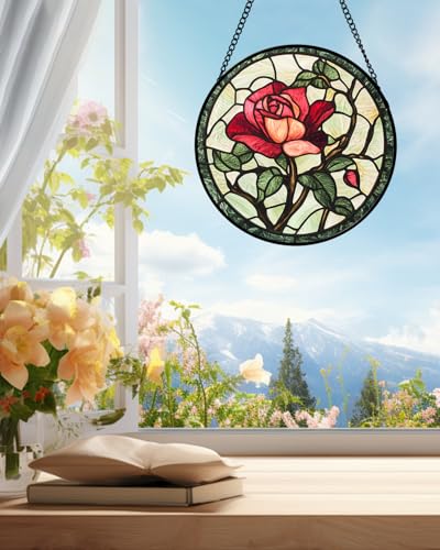 Stained Glass Window Hanging Red Rose Suncatcher Gifts for Women 6.3"
